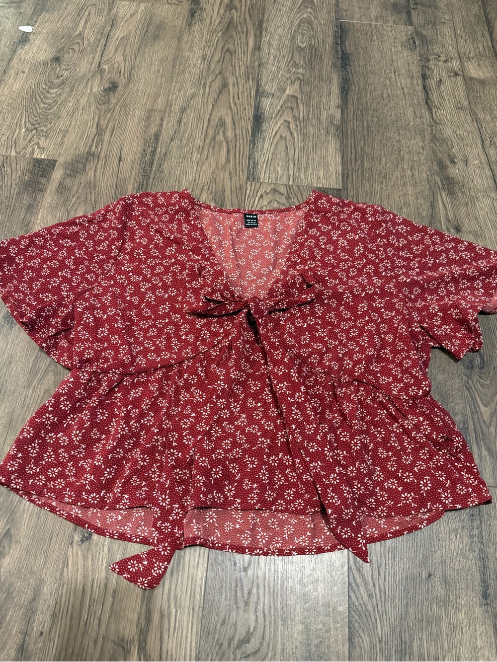 SHEIN Red Floral Tie-Front Peplum Blouse